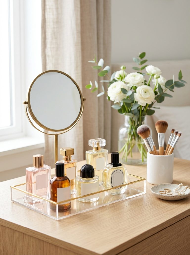 Organized vanity table with perfume bottles displayed on acrylic tray