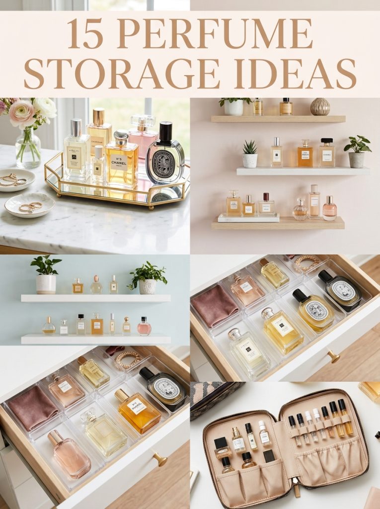 Four perfume storage ideas shown in tray shelf drawer and case styles