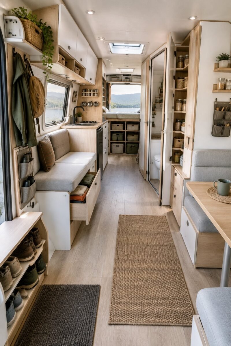 A tidy camper interior with cabinets, shelves, baskets, drawers, and other organized storage solutions.