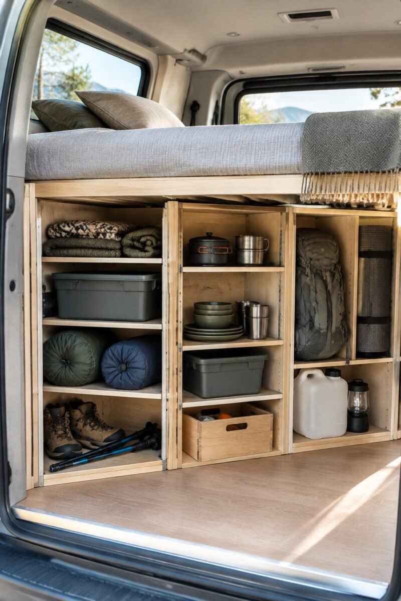 A camper van interior with a raised bed platform and organized adjustable shelving underneath.