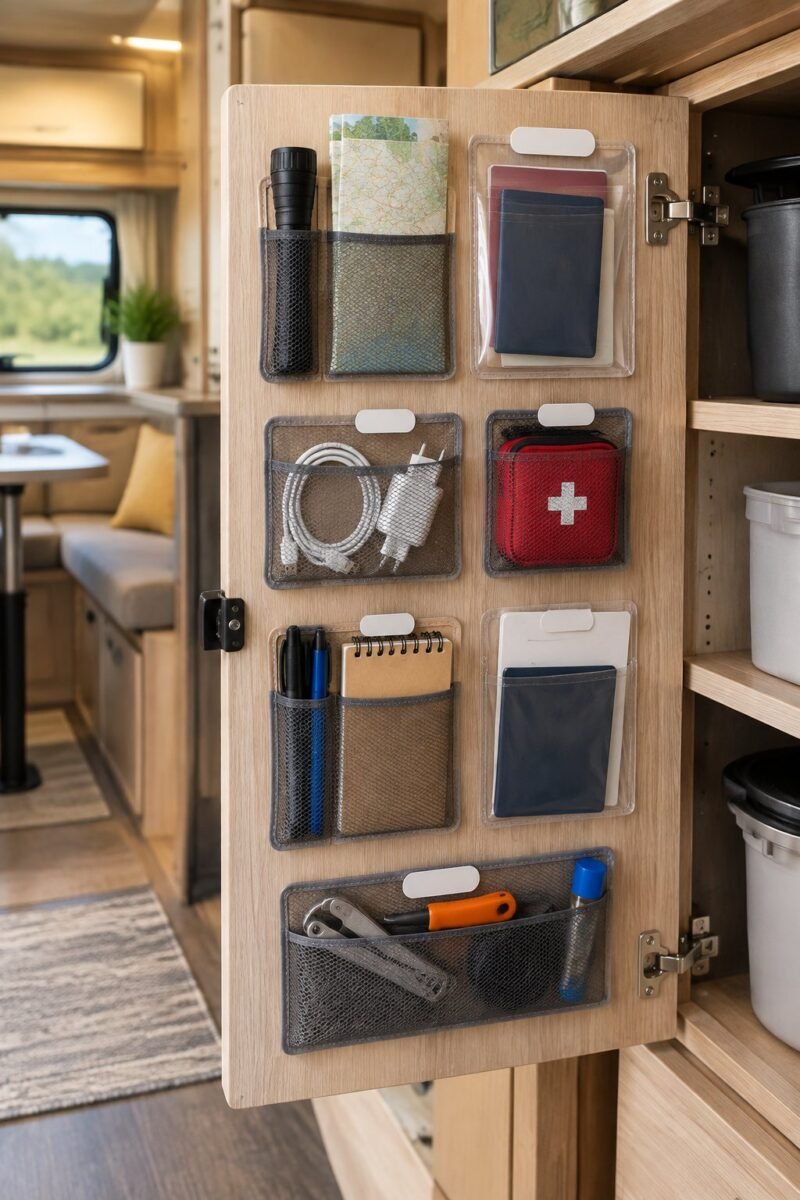 Open camper cabinet door with adhesive pockets organizing maps, tools, cables, and camping supplies.