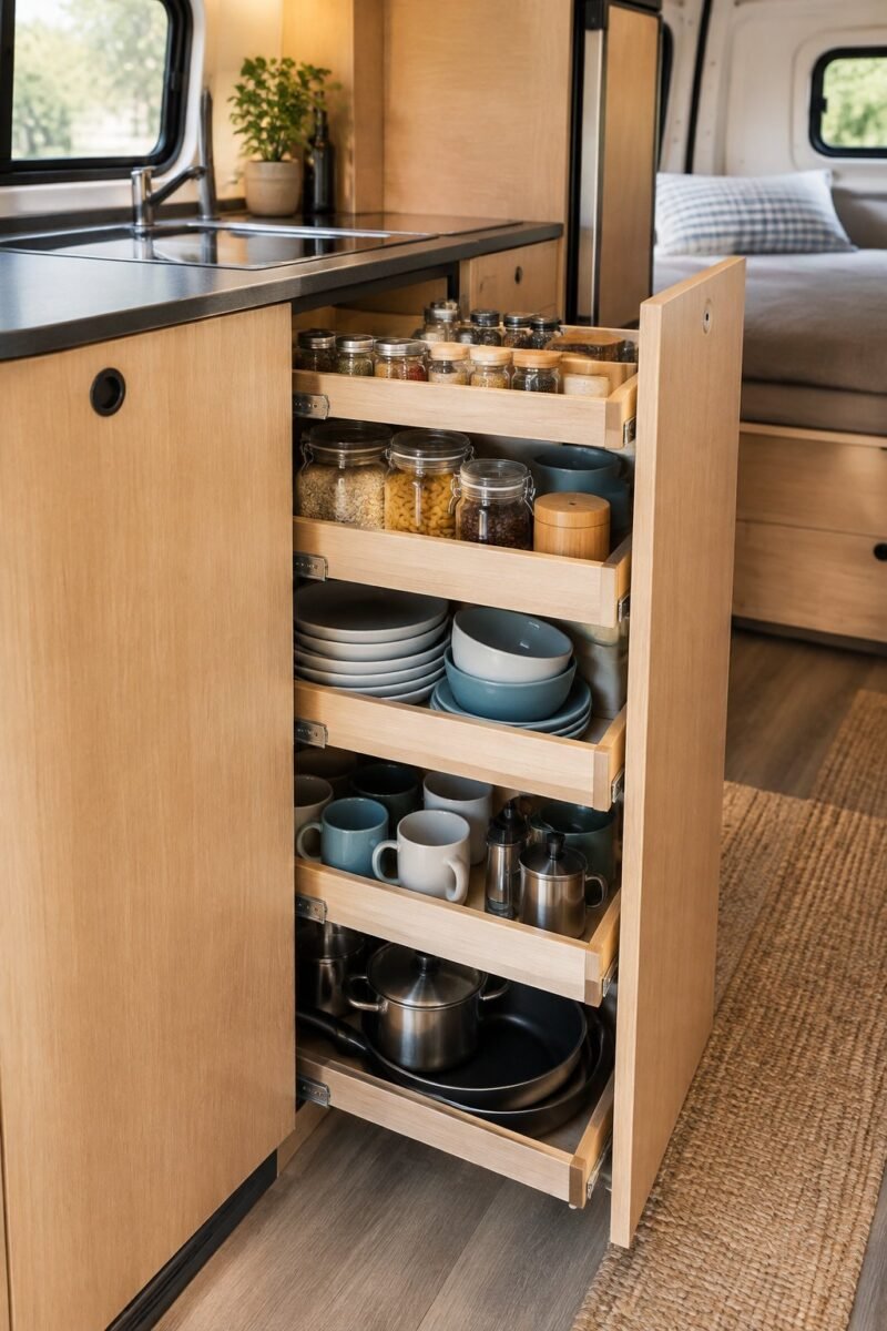 Pull-out shelves in a deep camper kitchen cabinet display neatly organized cookware and pantry items.