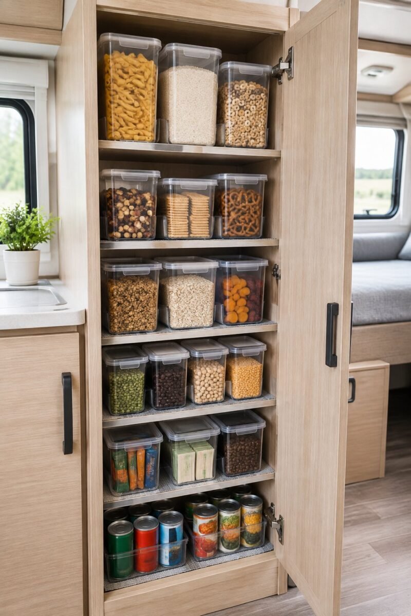 Clear stackable pantry bins organize dry foods inside a compact camper kitchen cabinet.