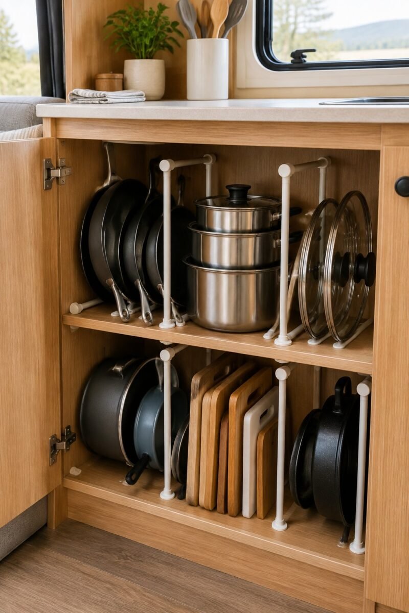 Organized camper kitchenette cabinet with tension rods separating pots, pans, lids, and cutting boards.