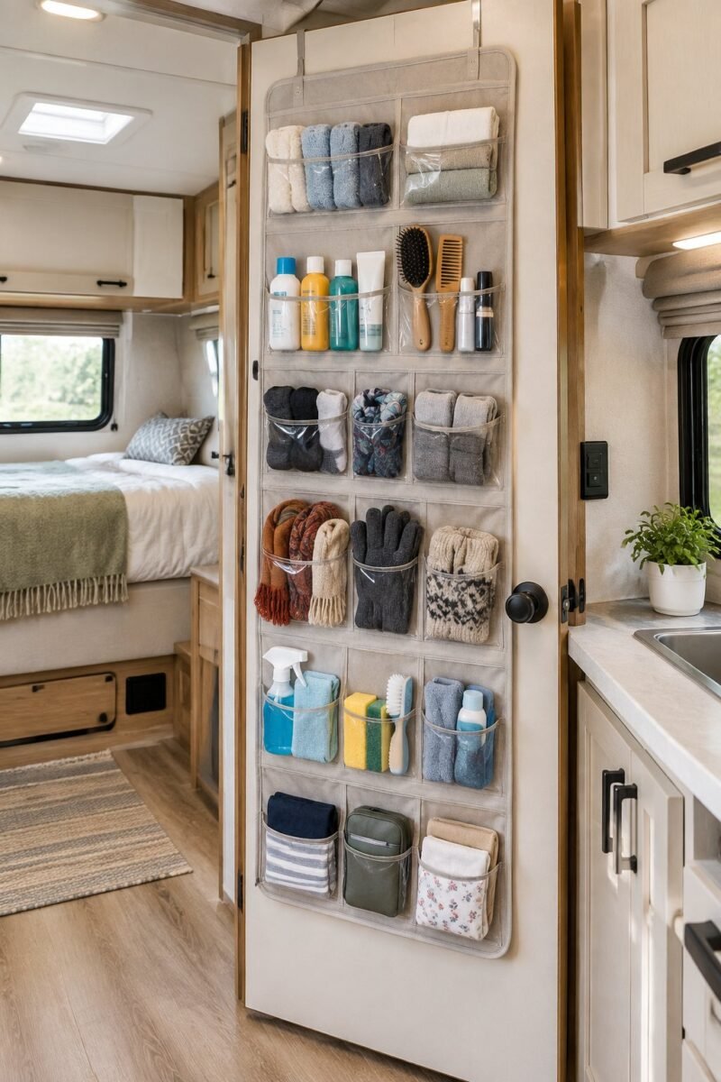 An over-the-door organizer holds neatly sorted bath, clothing, and cleaning supplies inside a compact camper.