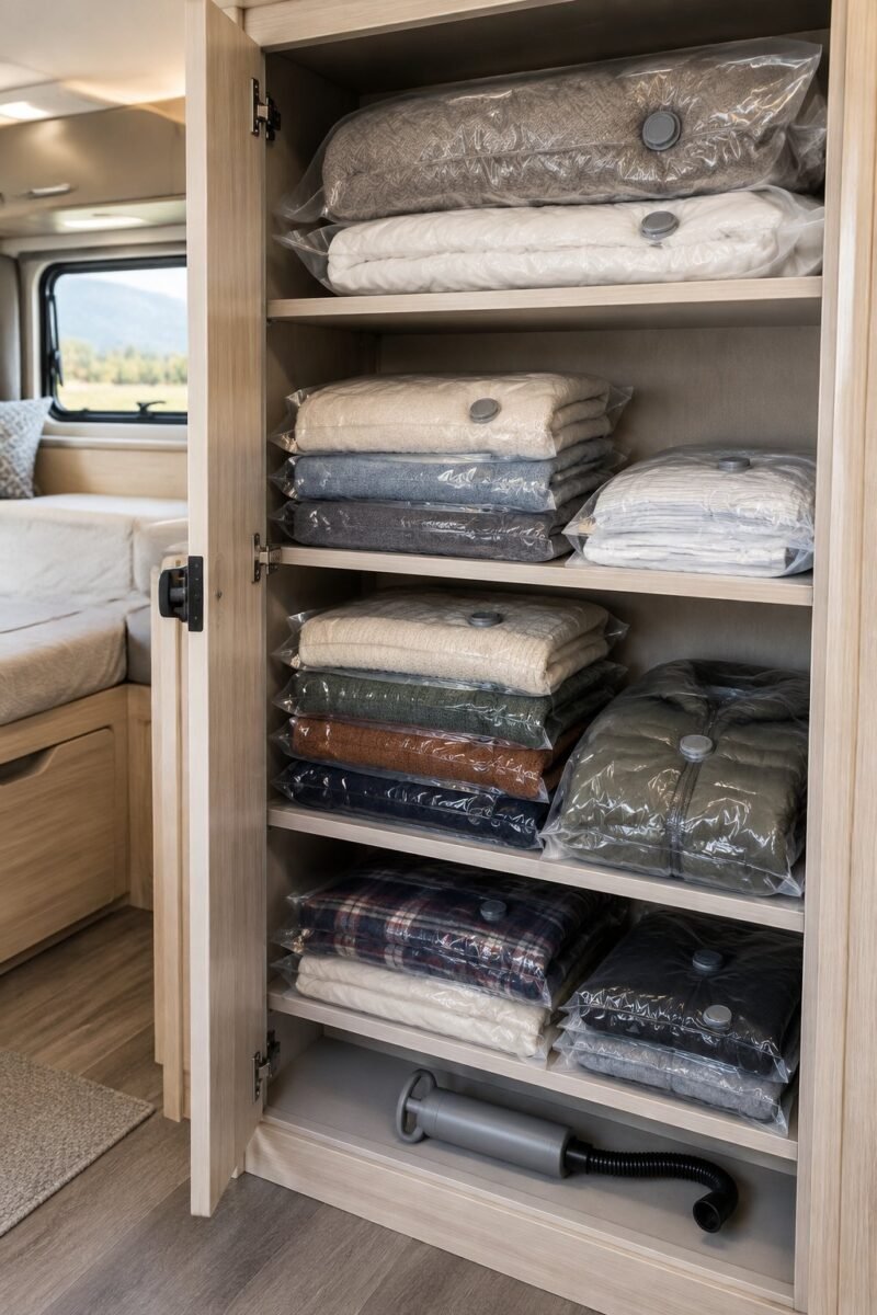 Vacuum-seal bags filled with folded linens and seasonal clothing neatly organized inside a camper storage compartment.