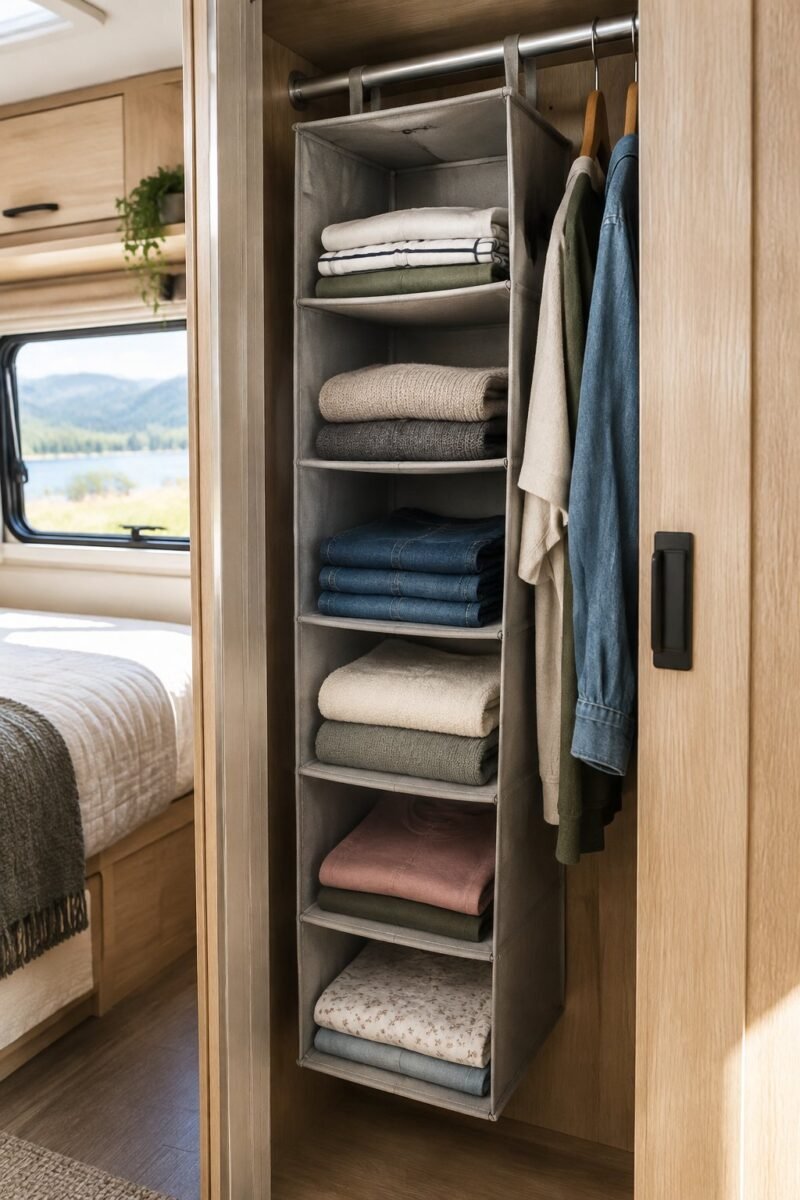 Hanging fabric shelves in a camper closet hold neatly folded clothes.