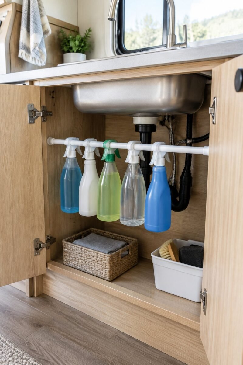 Open camper kitchen cabinet with spray bottles hanging from a tension rod beneath the sink.