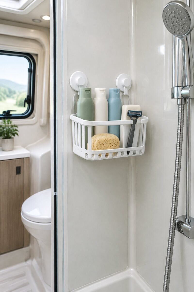 A suction-cup shower caddy holds organized toiletries inside a compact camper bathroom.