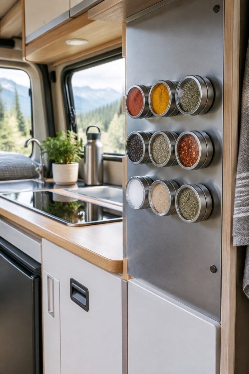 Magnetic spice tins arranged on the metal side panel of a compact camper kitchenette.