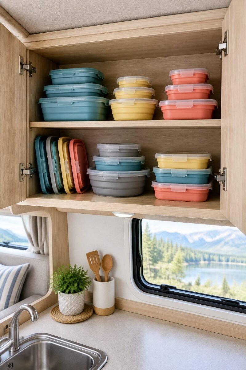 Collapsible silicone food containers neatly organized inside an open overhead camper kitchen cabinet.