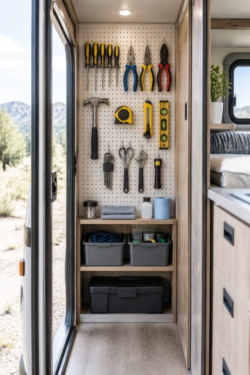 Organized pegboard with hand tools in a camper pass-through storage compartment.