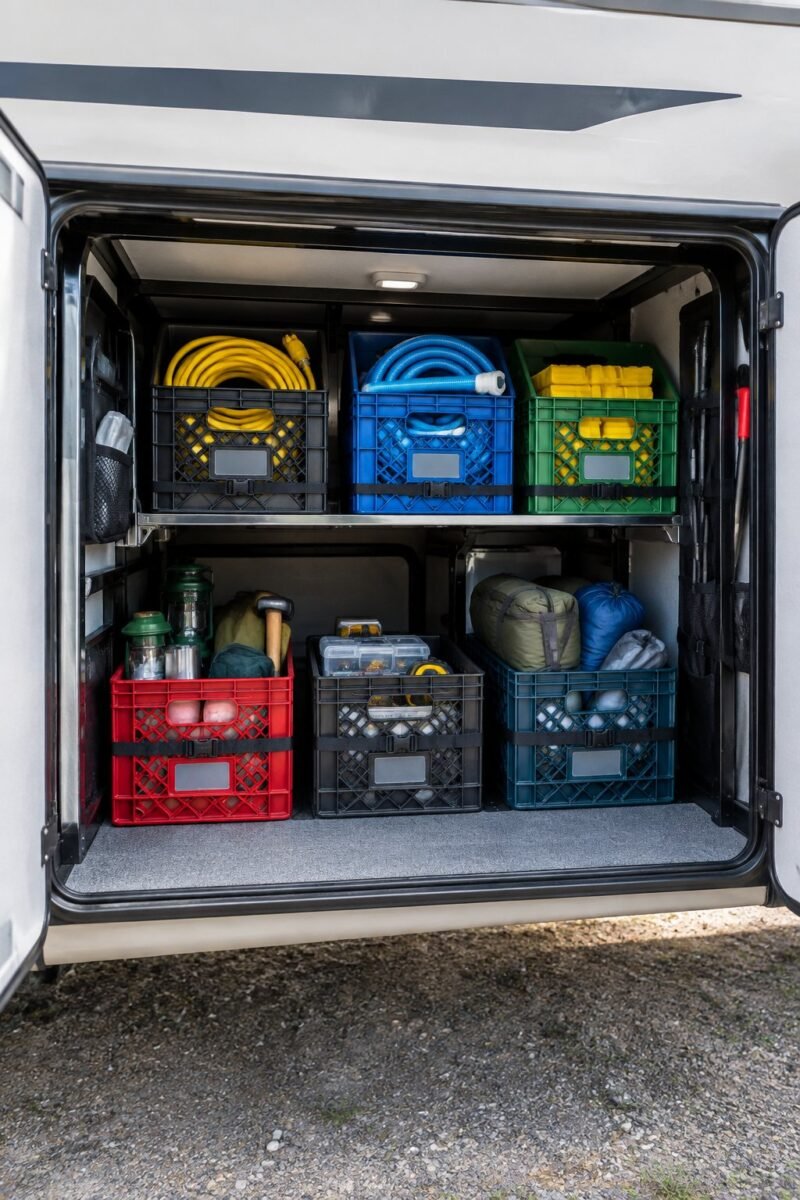 Organized plastic storage crates holding camping equipment inside an open RV basement compartment.
