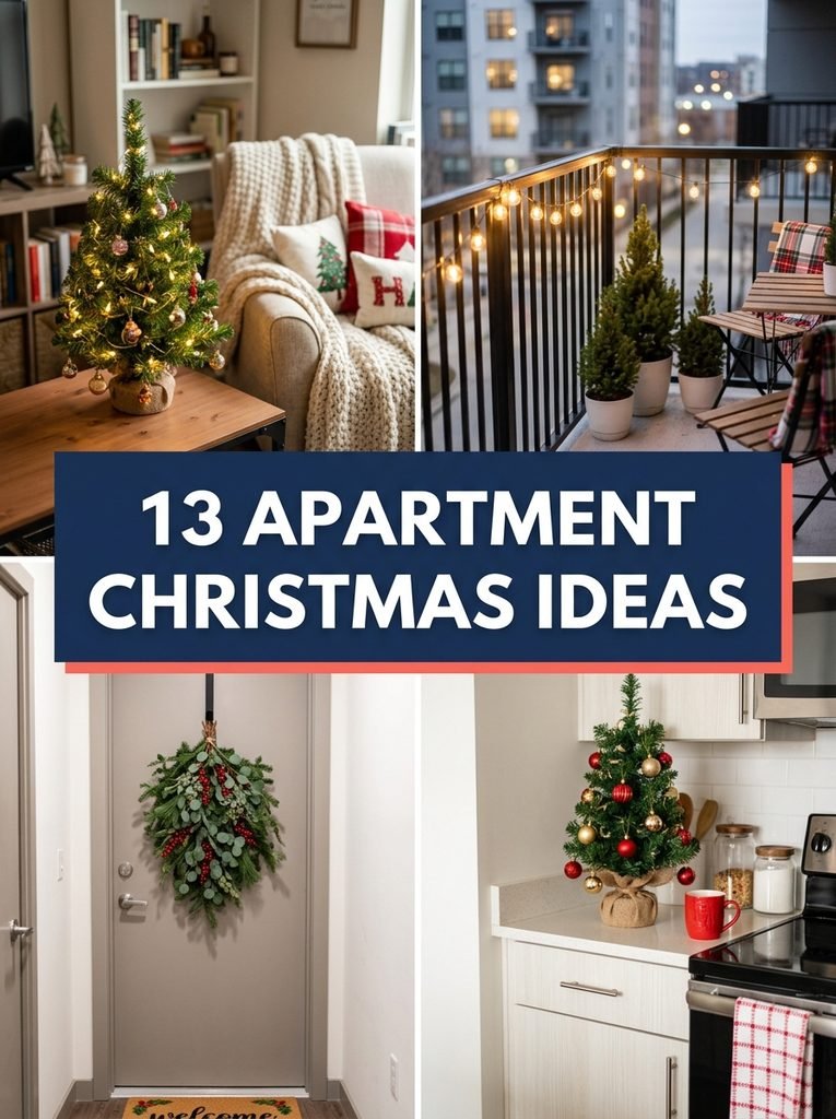 Collage of apartment Christmas ideas for studios, balconies, doors and kitchens