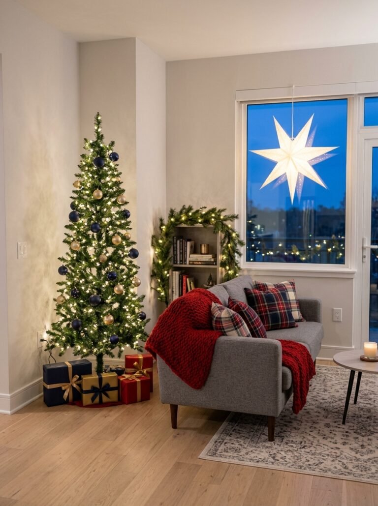 Small apartment living room decorated for Christmas with a slim tree and warm lights