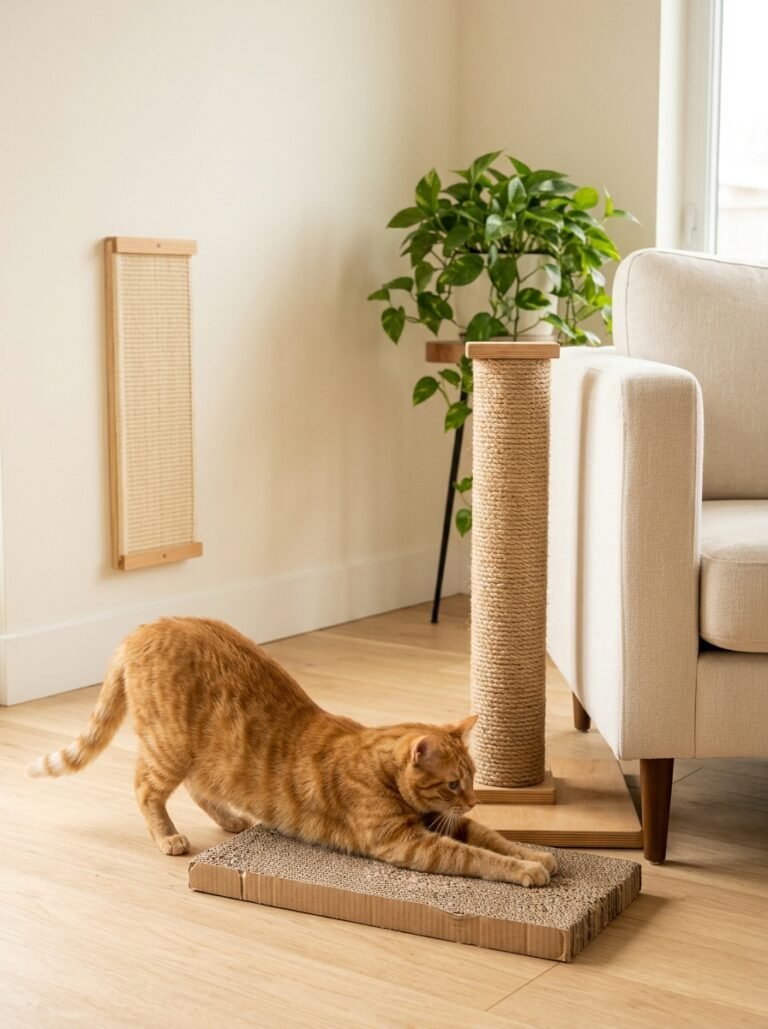 Ginger cat using a DIY cardboard cat scratcher next to a sisal post in a living room