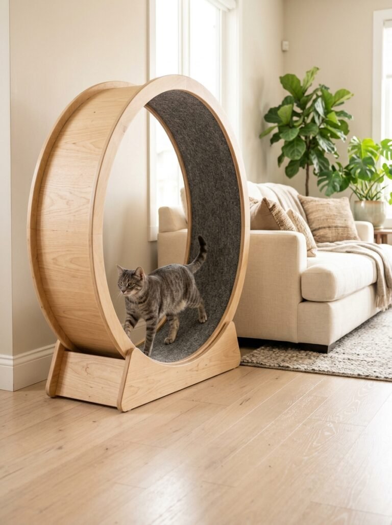 Collage of DIY cat wheel ideas with a plywood wheel, wall frame, cardboard track and carpet lining