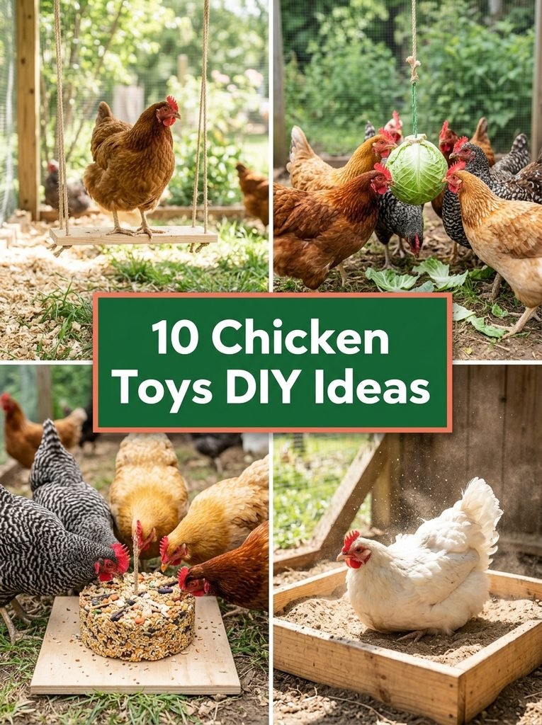 Collage of chicken toys DIY ideas with a swing, cabbage tetherball, pecking block and dust bath
