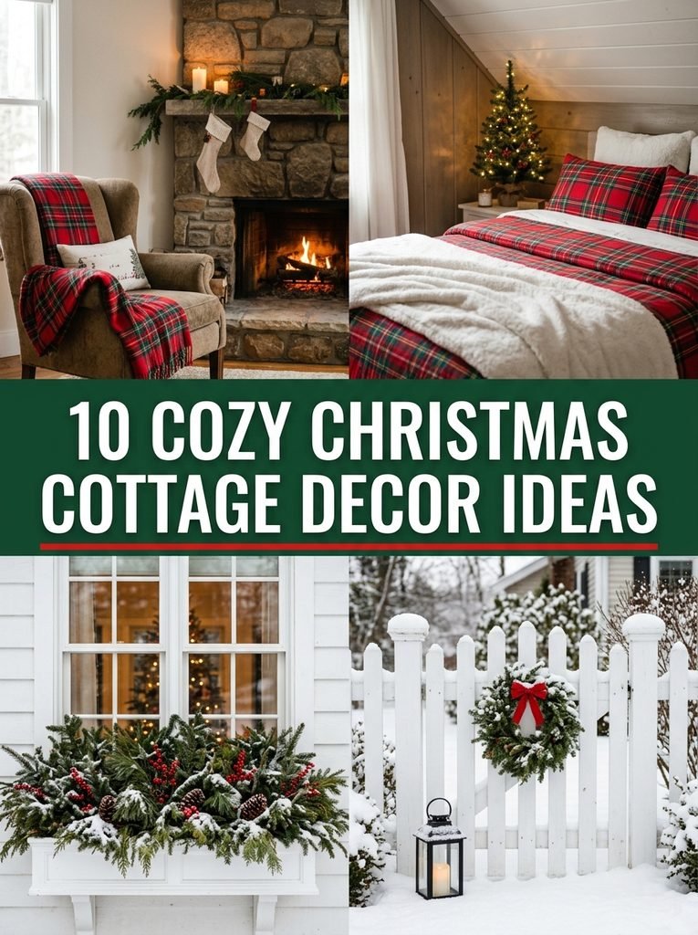 Collage of cozy Christmas cottage decor ideas including a fireplace nook, plaid bedroom, window box and garden gate