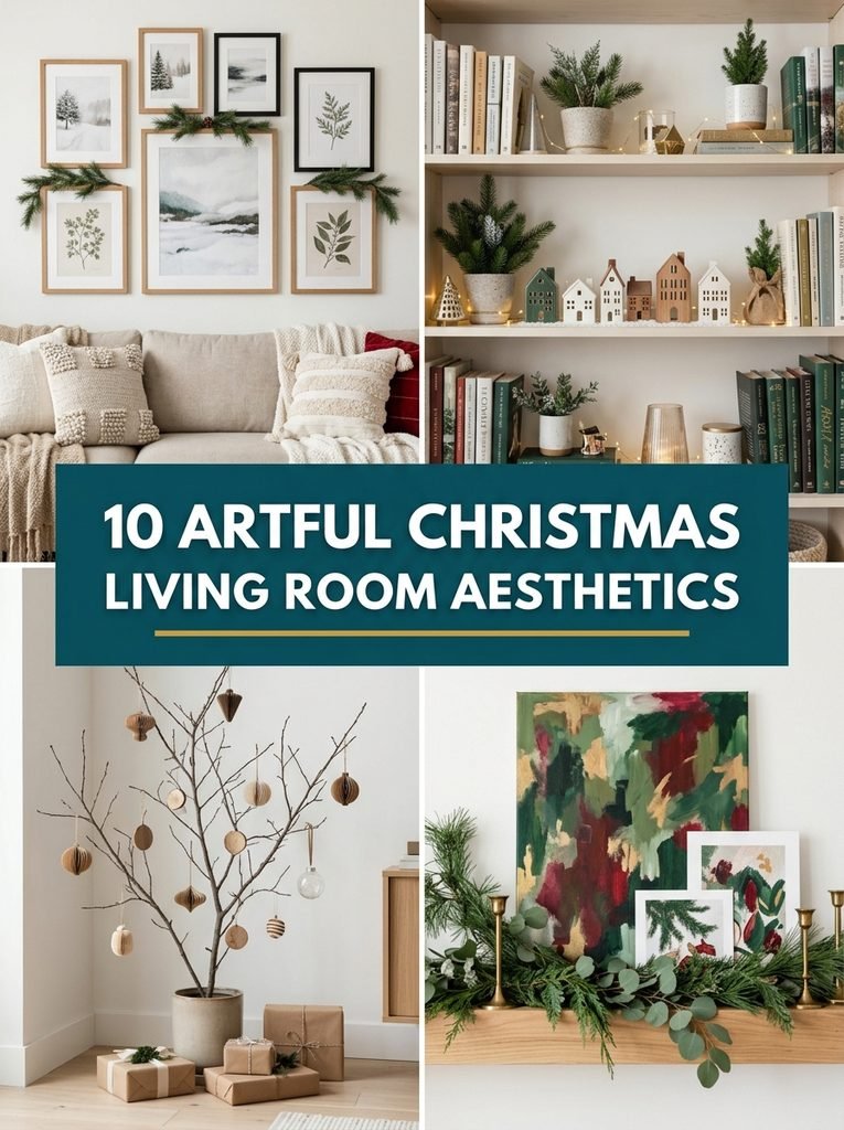 Collage of artful Christmas living room aesthetics with gallery walls and bookshelf displays