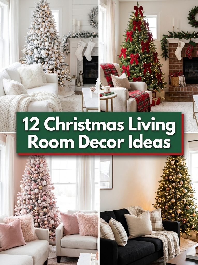 Collage of Christmas living room decor ideas in white, traditional red, pink and a black couch style