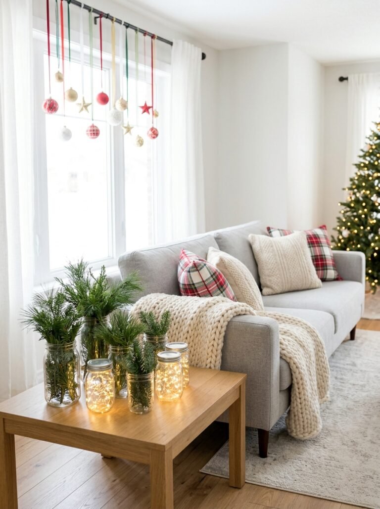 Easy Christmas living room decor with plaid pillows, ornaments hanging at the window and pine cuttings in jars