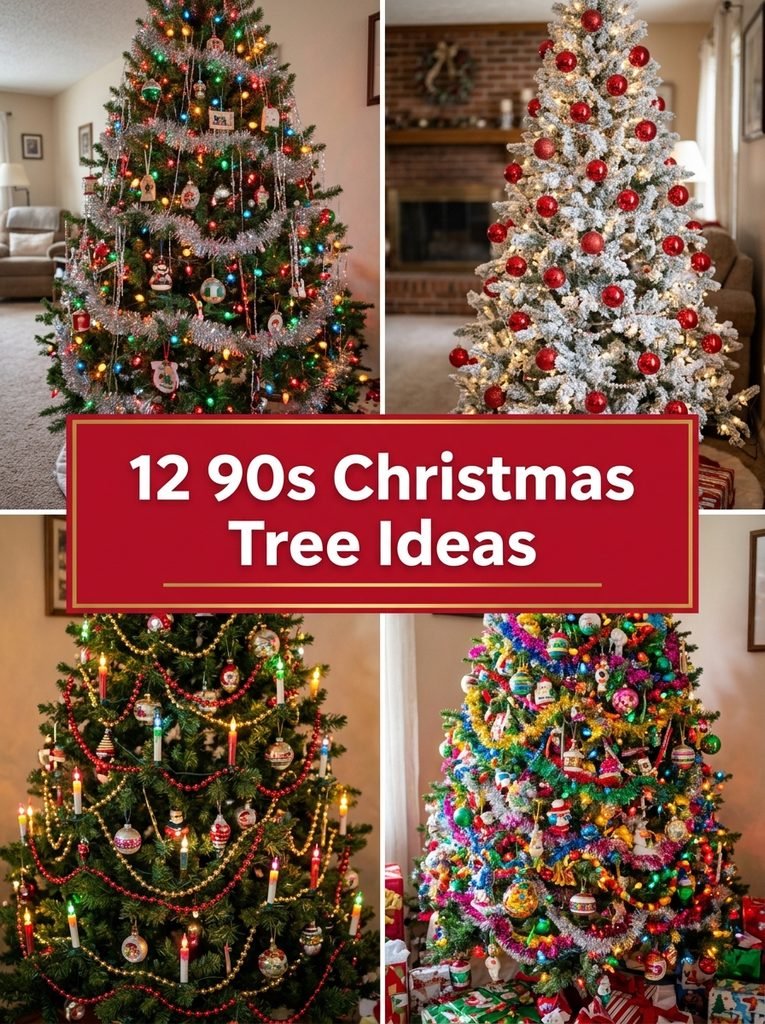 Collage of 90s Christmas tree ideas with tinsel, flocking and colored lights