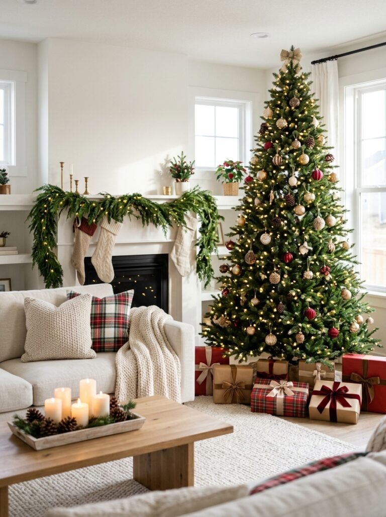 Cozy Christmas living room with a lit tree, cream sofa, plaid pillows and a decorated fireplace mantel