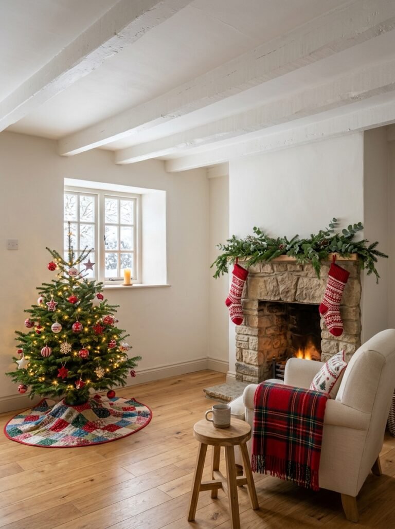 Cozy Christmas cottage living room with a stone fireplace, small decorated tree, plaid blanket and candlelit window