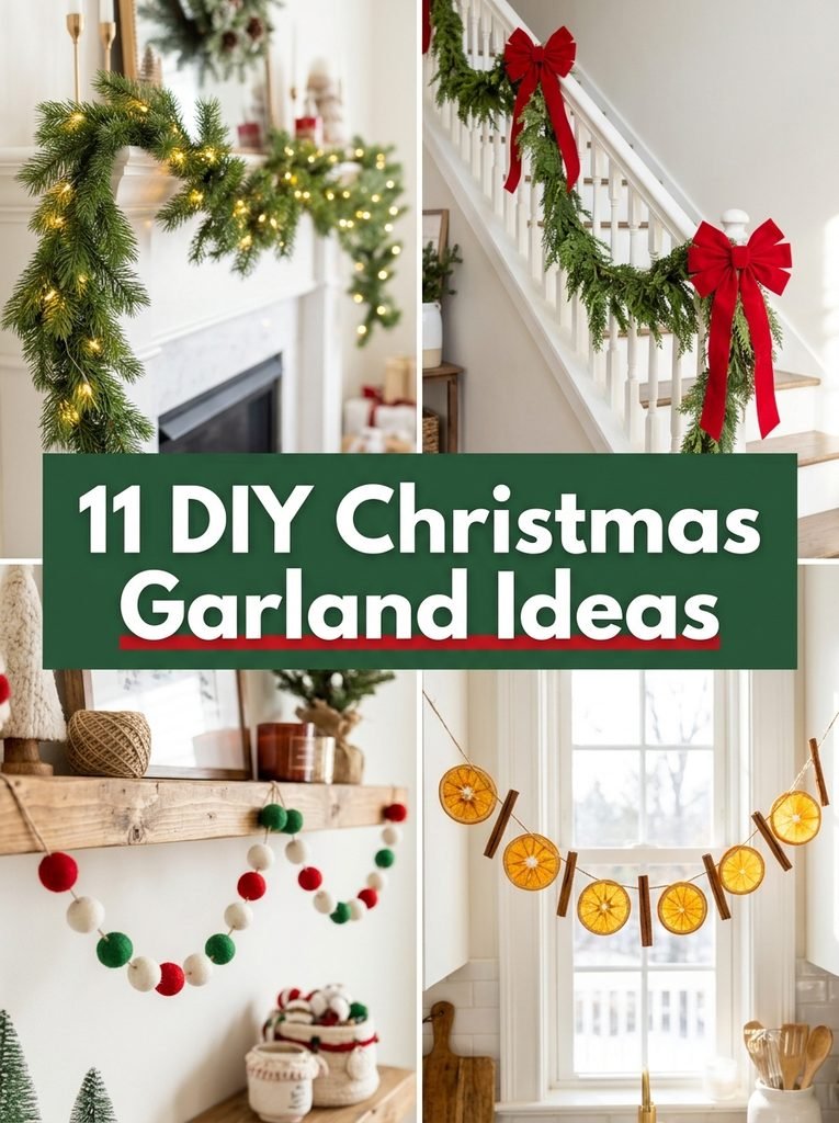 Collage of DIY Christmas garland ideas including a mantel garland, banister garland, felt ball garland and dried orange garland