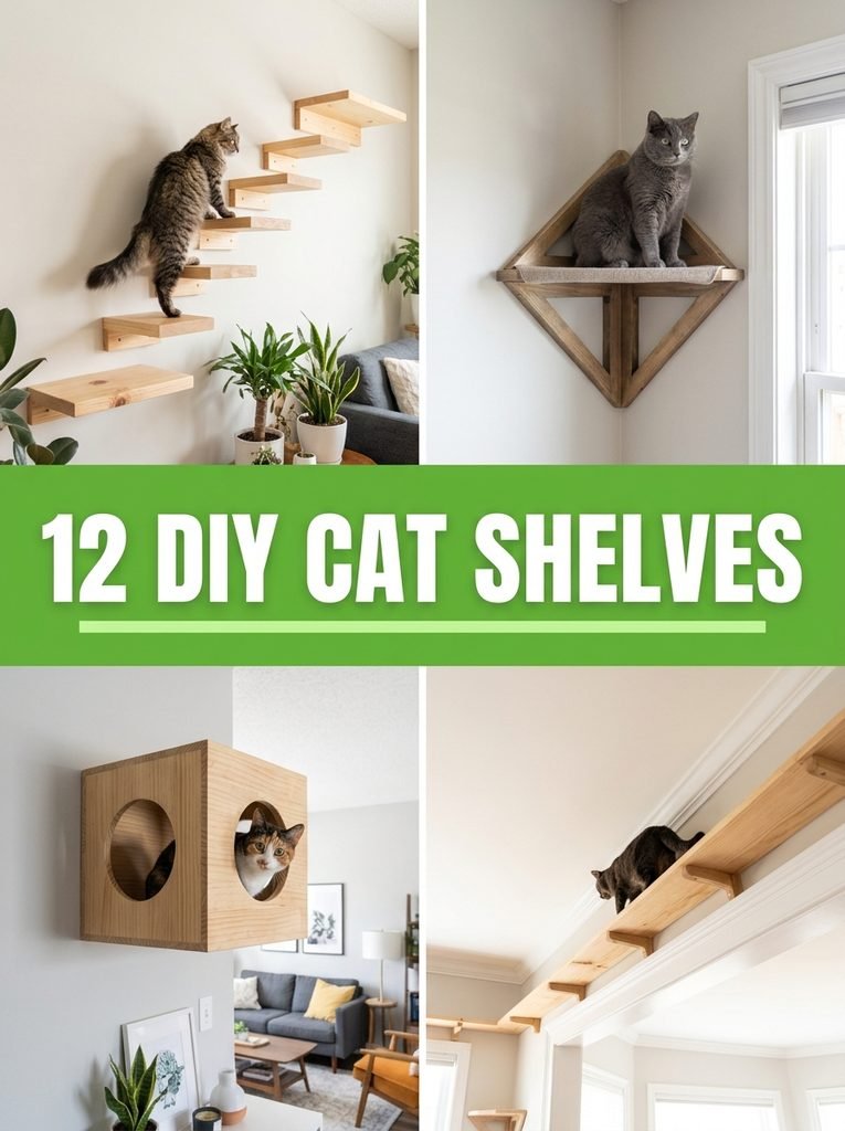 Collage of DIY cat shelves with wall steps, a corner perch, a cube hideout and a catwalk