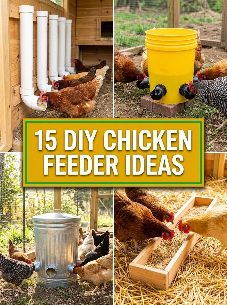Collage of DIY chicken feeder ideas with PVC pipe, bucket, trash can and wooden trough feeders