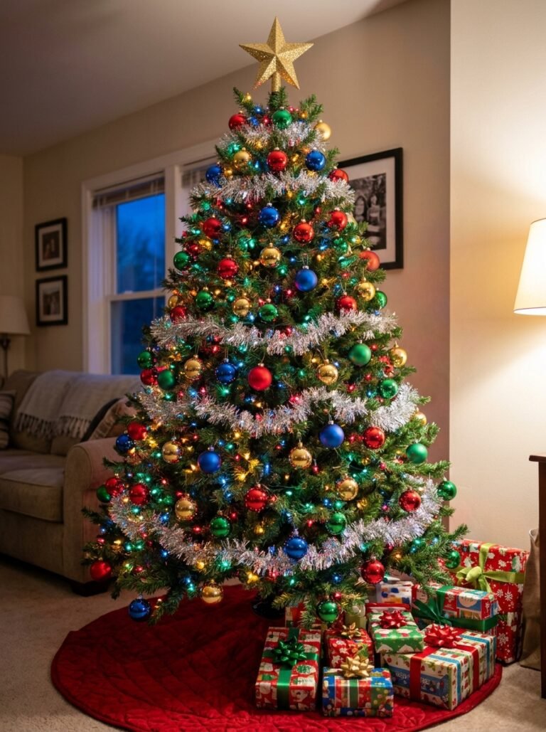 Classic 90s Christmas tree with colored lights, silver tinsel and glass ball ornaments