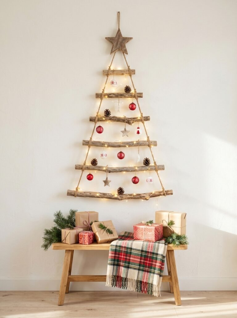 Rustic wall Christmas tree made from wooden branches with fairy lights and ornaments above wrapped gifts