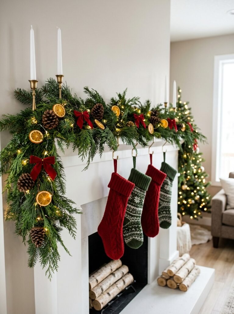 White fireplace mantel decorated with a DIY pine garland, fairy lights, pinecones, orange slices and red bows