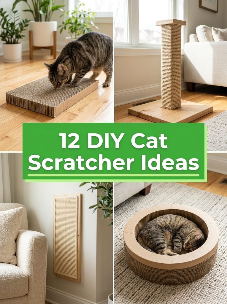 Collage of DIY cat scratcher ideas with cardboard pads, sisal posts and wall boards