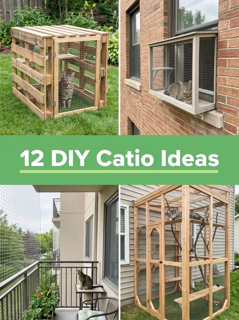 Collage of DIY catio ideas with a pallet catio, window box, balcony enclosure and wood frame catio
