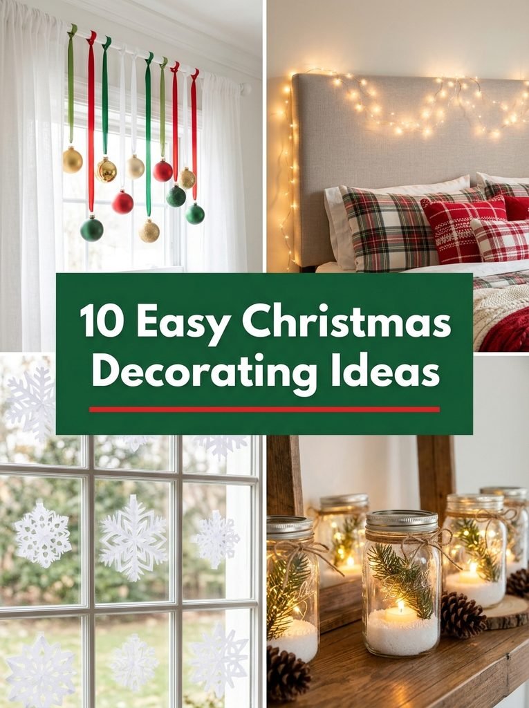 Collage of easy Christmas decorating ideas including curtain rod ornaments, a fairy light headboard, paper snowflakes and mason jar luminaries