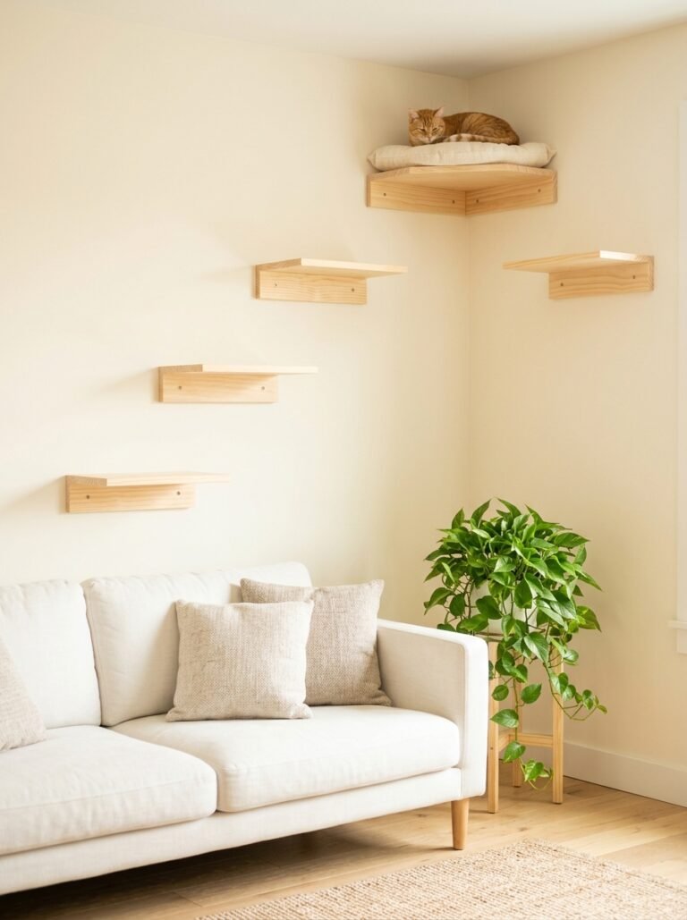 Ginger cat resting on DIY wall mounted cat shelves above a cream sofa in a living room