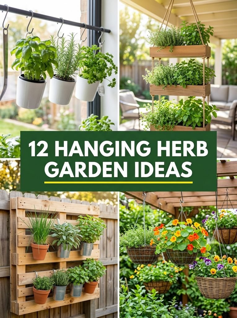 Collage of hanging herb garden ideas for kitchens, patios and fences