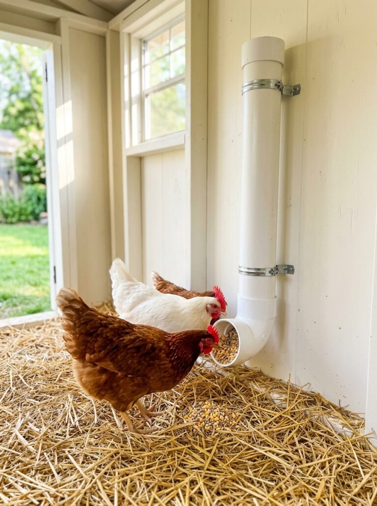 DIY chicken feeder made from white PVC pipe mounted inside a bright chicken coop