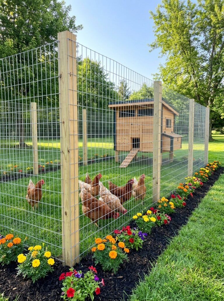 Collage of chicken fence ideas with welded wire, electric netting, picket fence and garden fencing