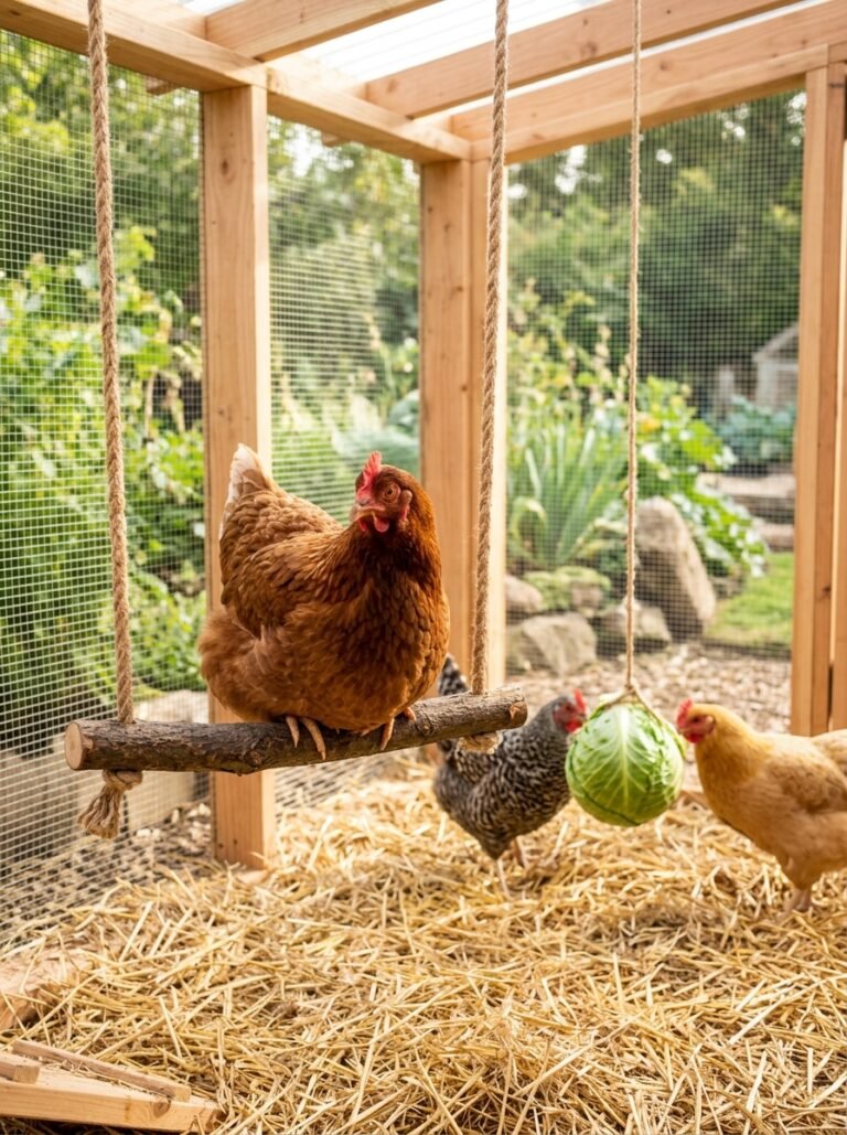 Hen on a DIY wooden chicken swing with a hanging cabbage toy in a bright coop