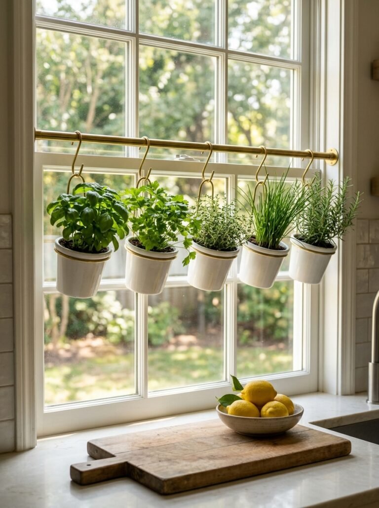 Hanging herb garden on a kitchen window rail with basil, parsley and thyme