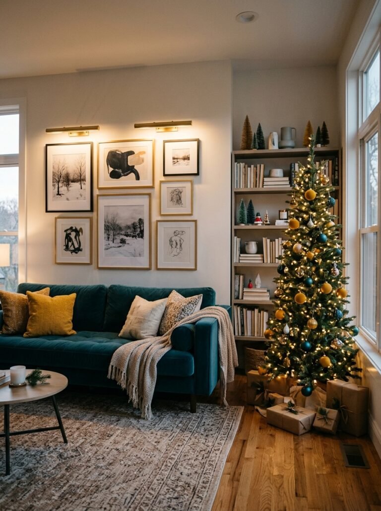 Artful Christmas living room with a gallery wall, styled bookshelf and teal velvet sofa