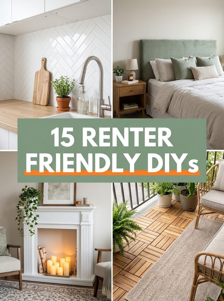 Collage of renter friendly DIYs for kitchen, bedroom, living room and patio