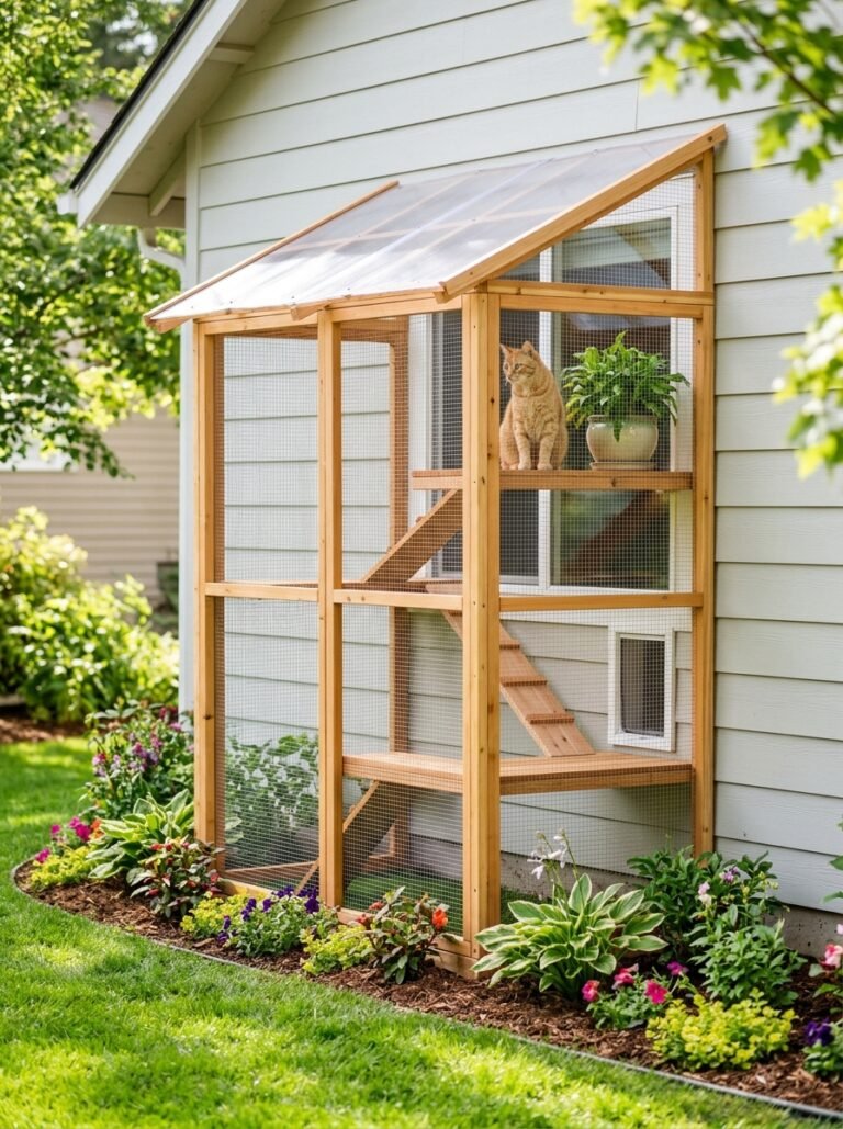 Ginger cat relaxing inside a DIY wooden catio with mesh walls and plank shelves