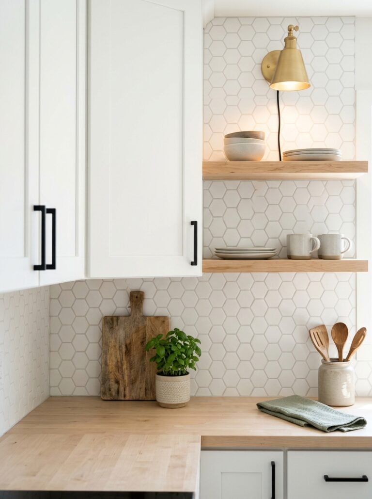 Rental kitchen with peel and stick backsplash and new cabinet hardware