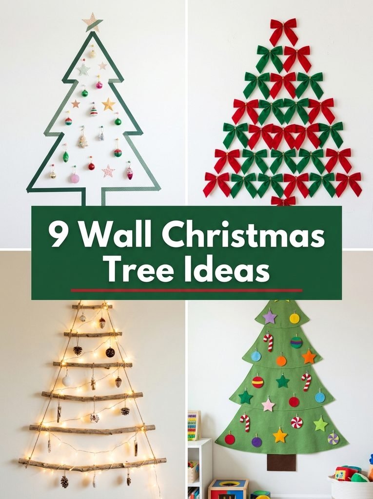 Collage of wall Christmas tree ideas including a washi tape tree, ribbon tree, rustic branch tree and felt tree