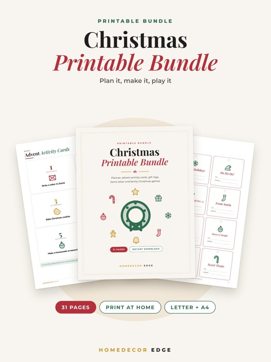 Printable Christmas bundle with planner, advent activity cards, gift tags and family games